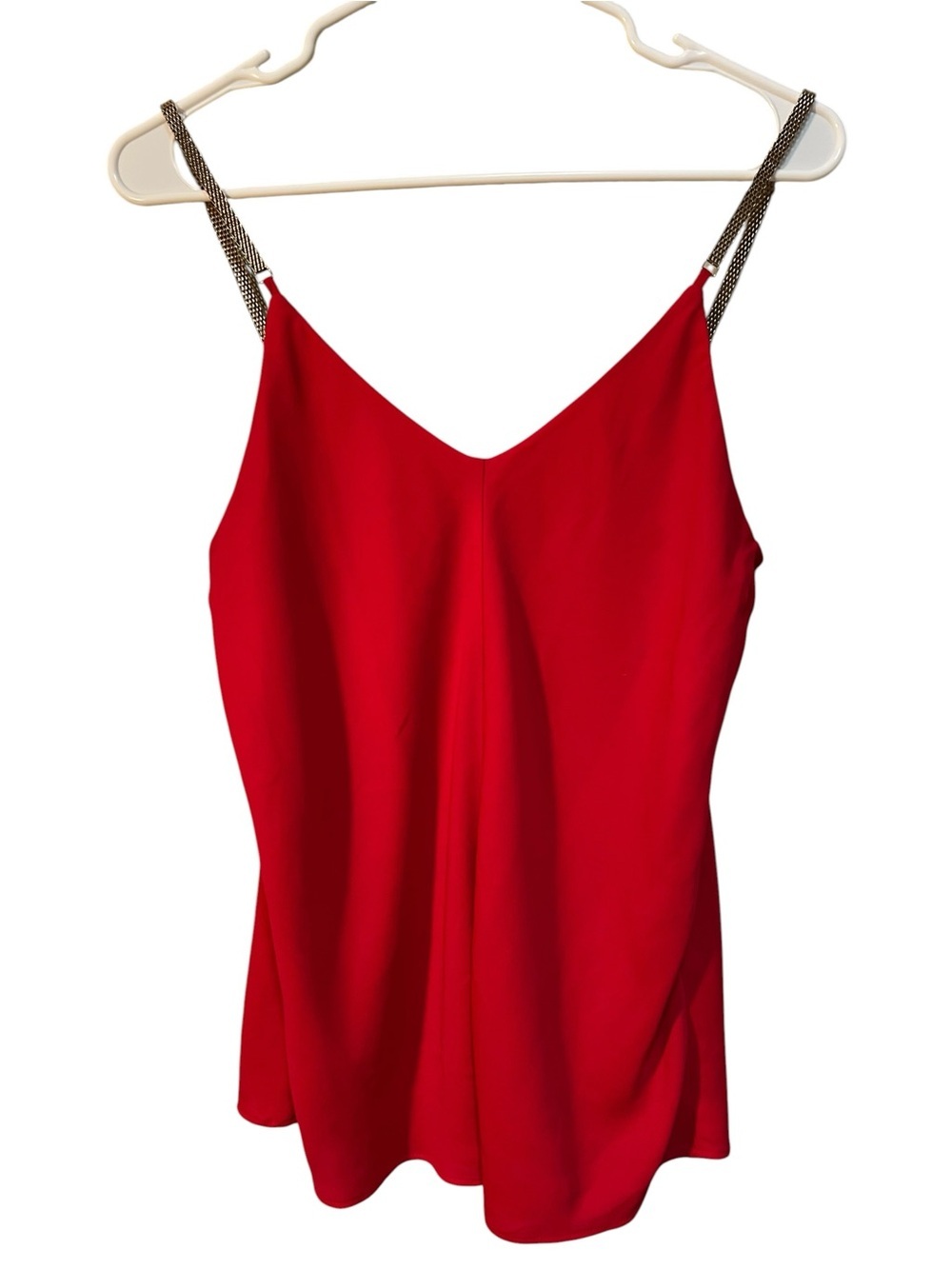 Express Women's Size Small Tank Top Red V-Neck Gold Mesh Chain Straps Open Back